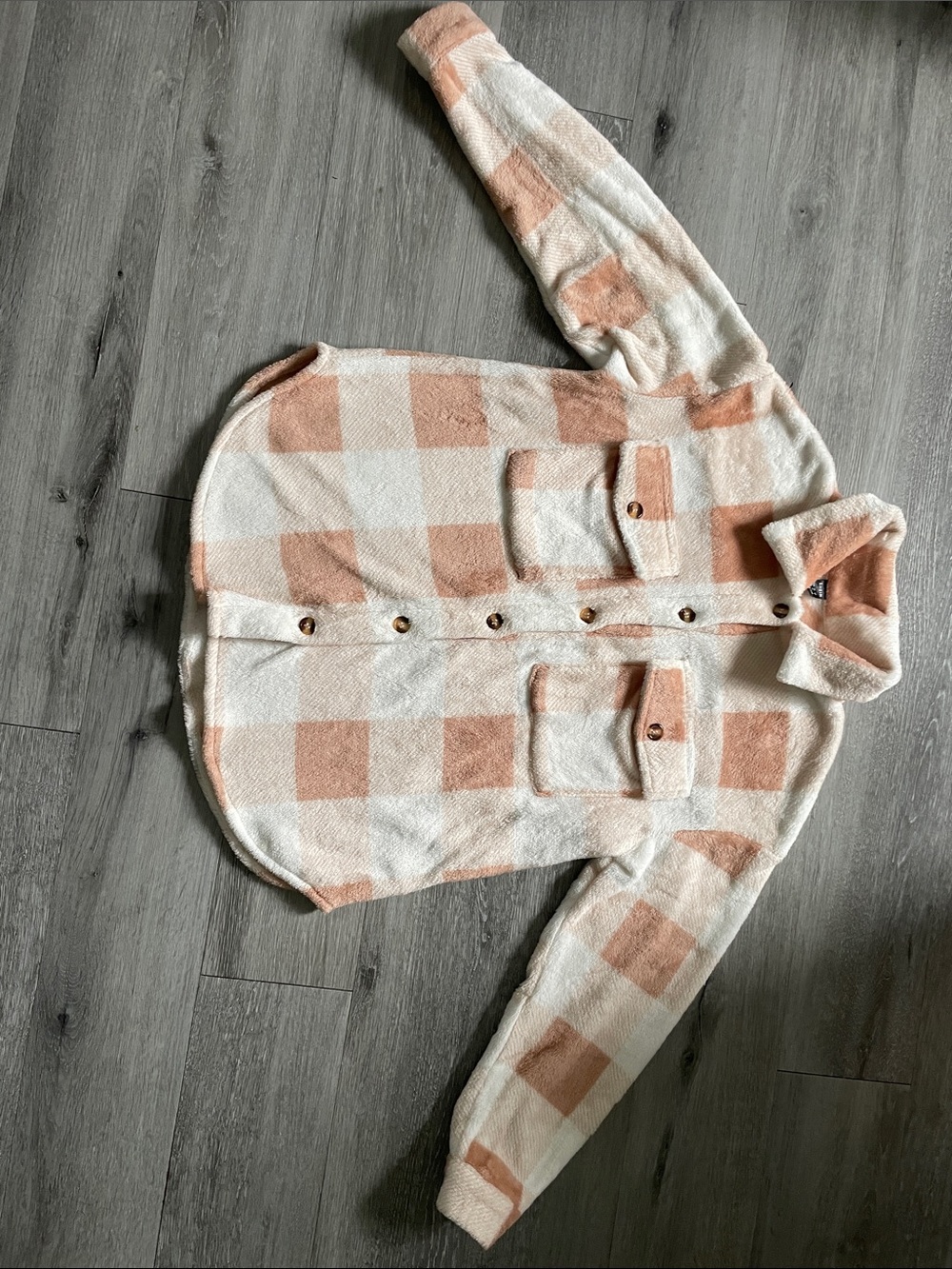 SHEIN Peach and White Checked Button-Up Shacket